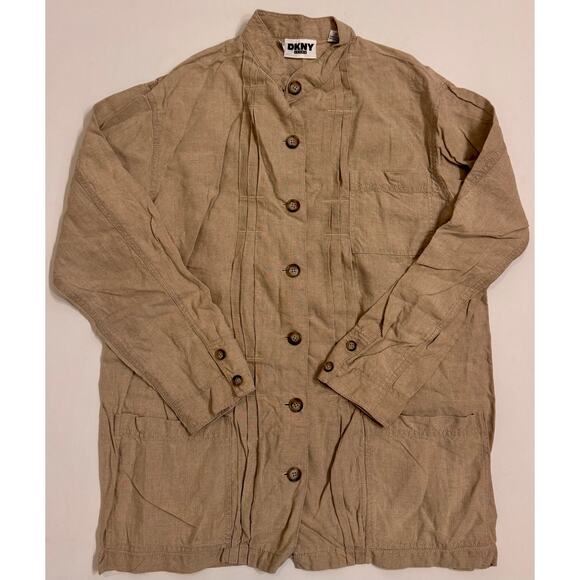 Vintage 00s DKNY Jeans 100% Linen Tan Chore Coat Size 6 Pockets Full Button - Picture 1 of 3